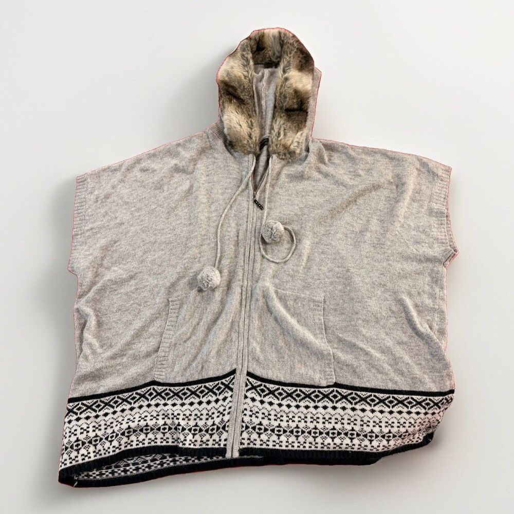 BCBGMAXAZRIA Angora Hooded Sweater L XL Fair Isle Faux Fur Cape Cardigan